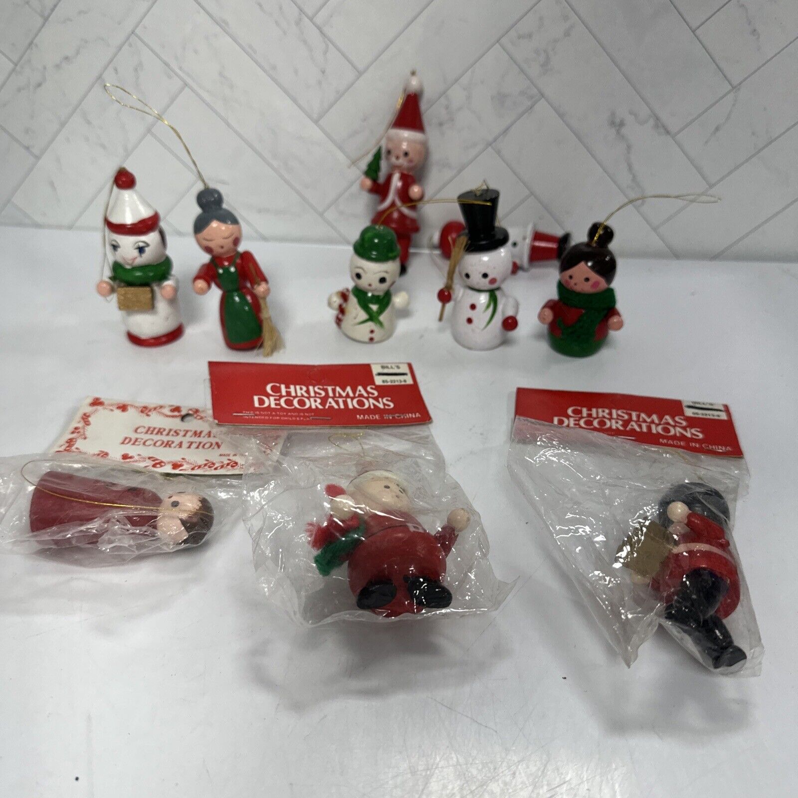Vintage Wooden Peg Christmas Ornaments Set Of 10 - Some still new in bags