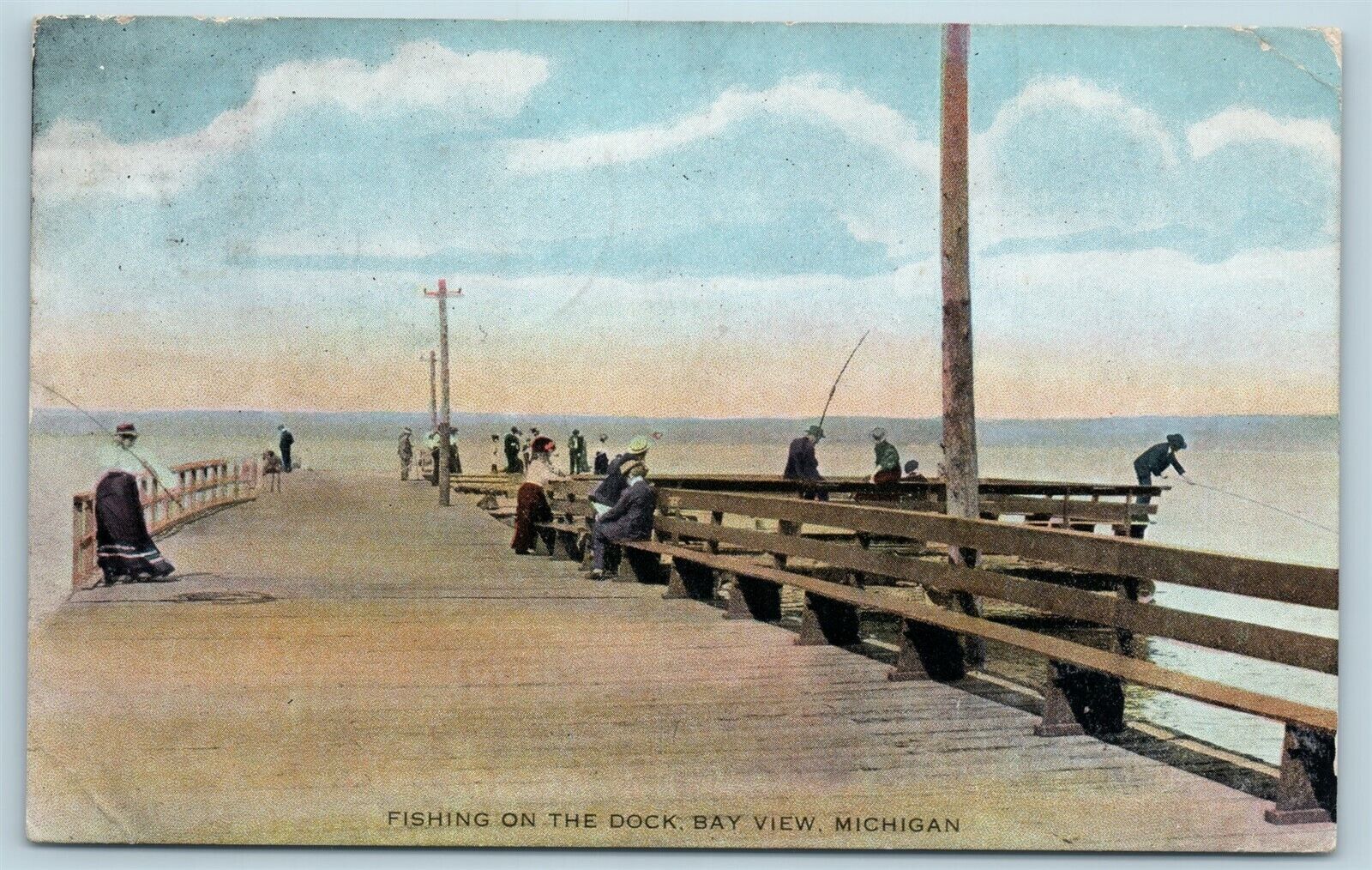 Postcard MI Bay View Michigan Fishing On The Dock 1909 View AF12