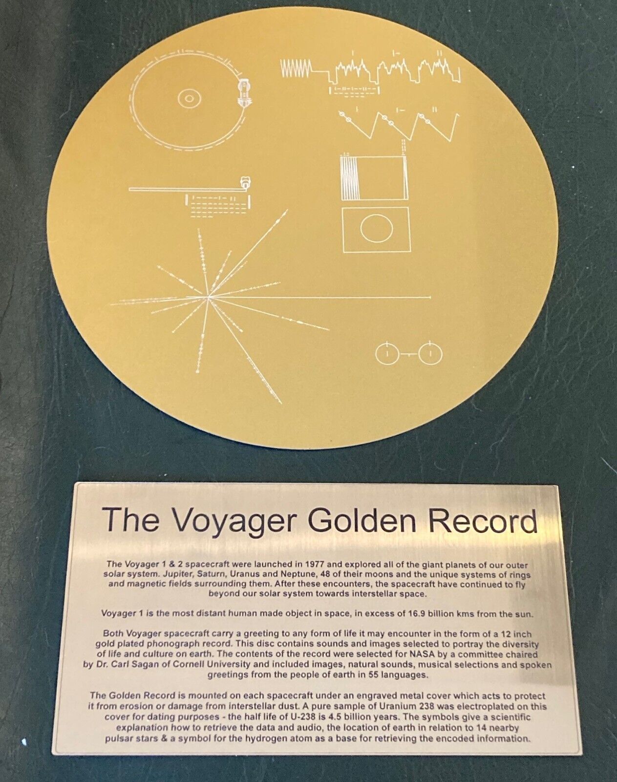 Full Size replica of NASA VOYAGER GOLDEN Record METAL with 1 explanation plaque