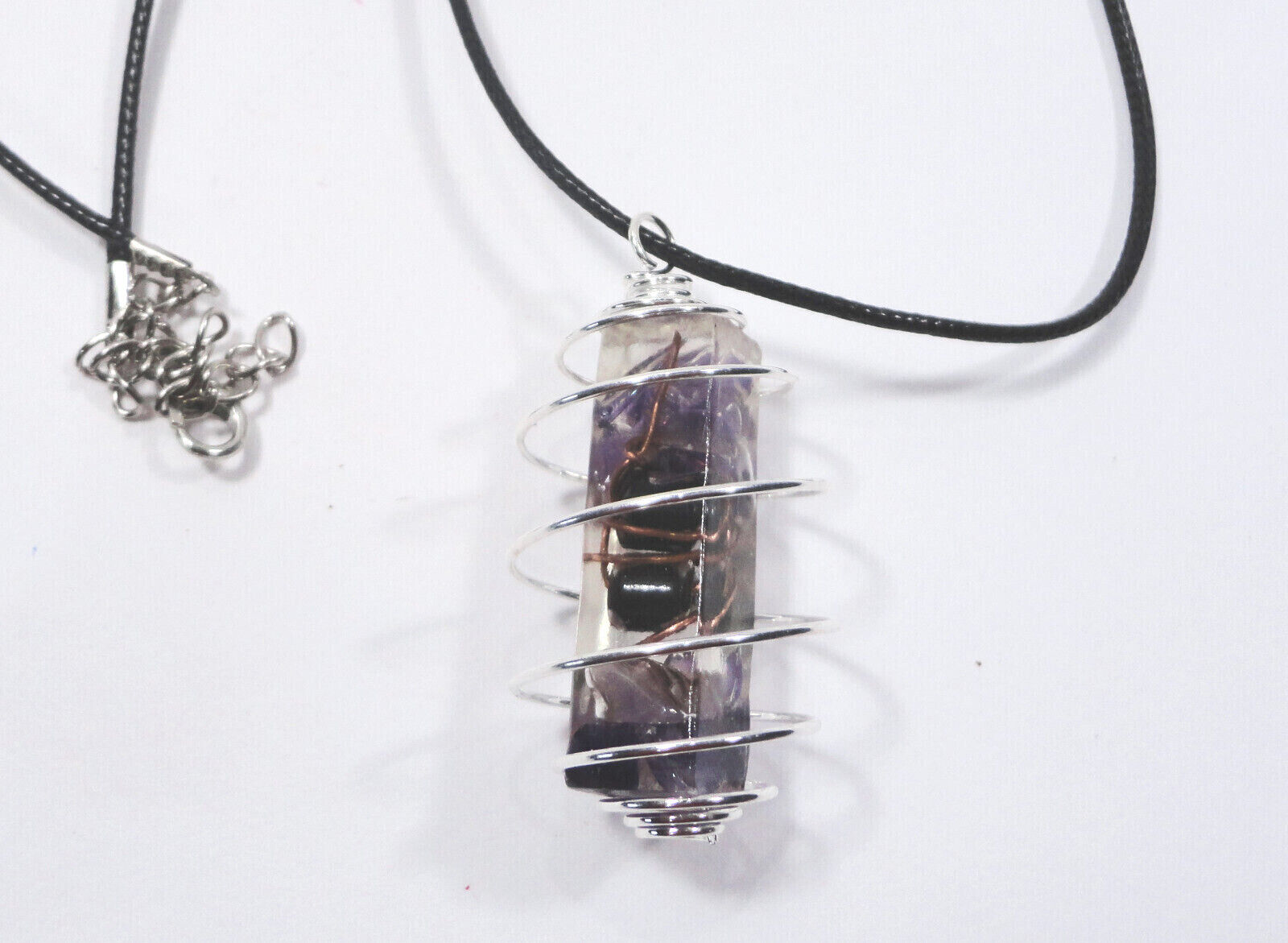 AMETHYST COPPER ORGANITE IN SPIRAL CAGE NECKLACE POSITIVE ORGONE ENERGY AUS MADE