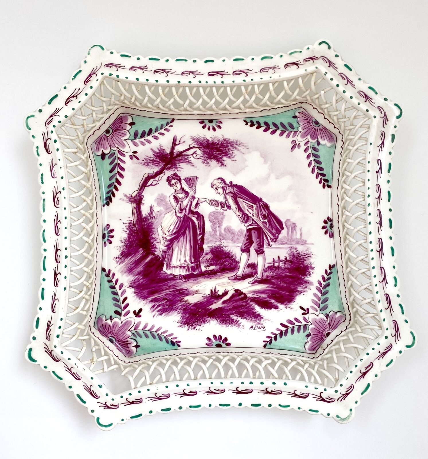 Antique Sceaux 1777 Porcelain Courting Couple 18th Basket Weave Dish FRANCE
