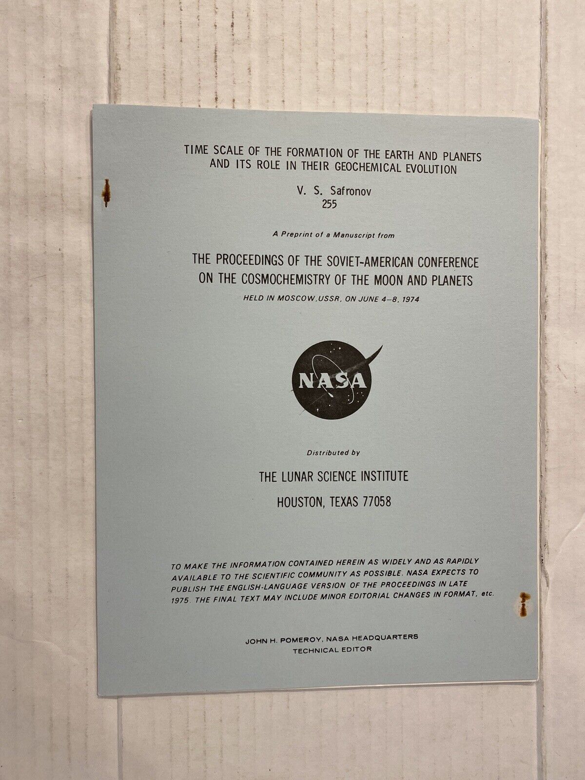 NASA Soviet American Conference 1974 Time Scale Formation Earth Planets 