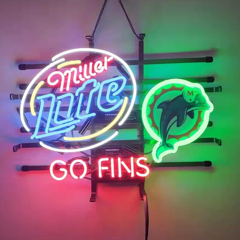 Miller Lite Miami Dolphins Neon Sign 19x15 Lamp Beer Bar Pub Room Wall Decor