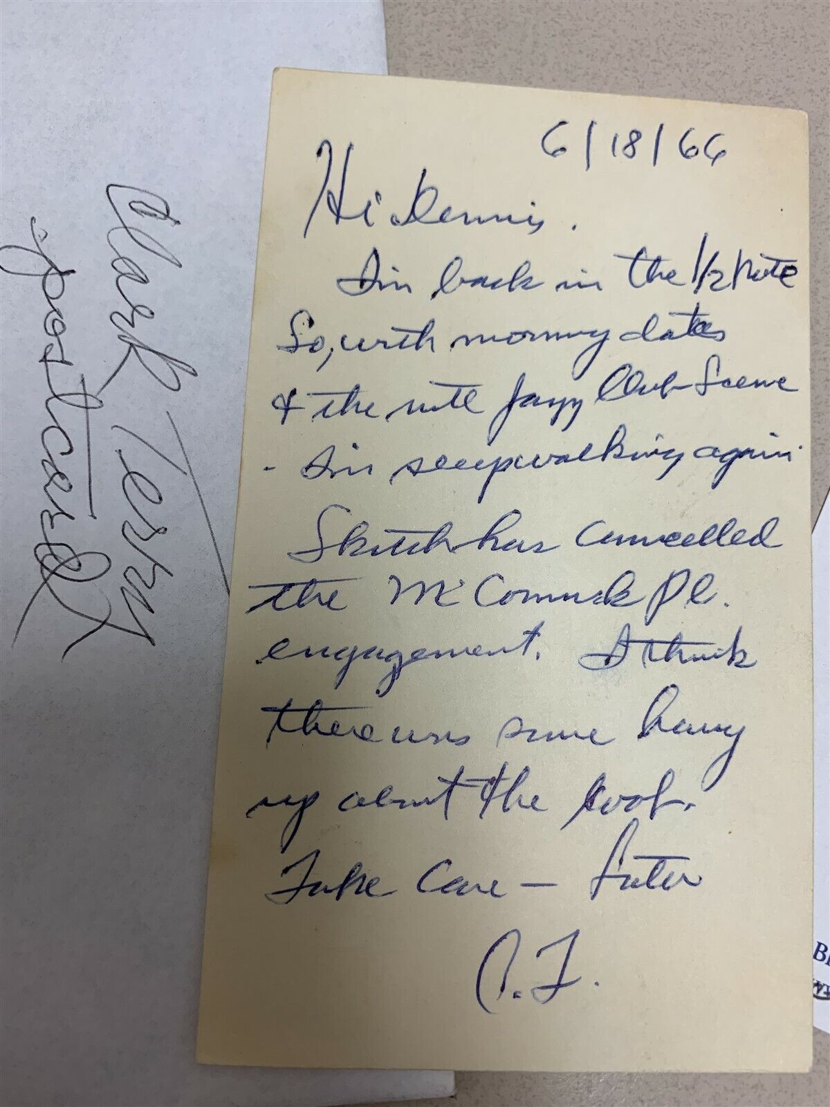 CLARK TERRY JAZZ TRUMPETER HAND WRITTEN POSTCARD 1966 