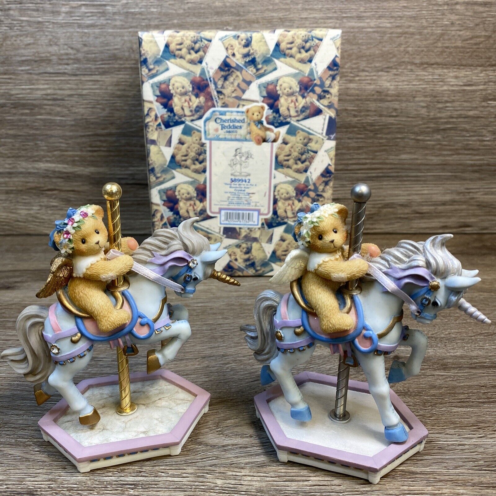 2 Cherished Teddies CRYSTAL Riding Unicorn Carousel RARE 589942 & 589942R *READ*