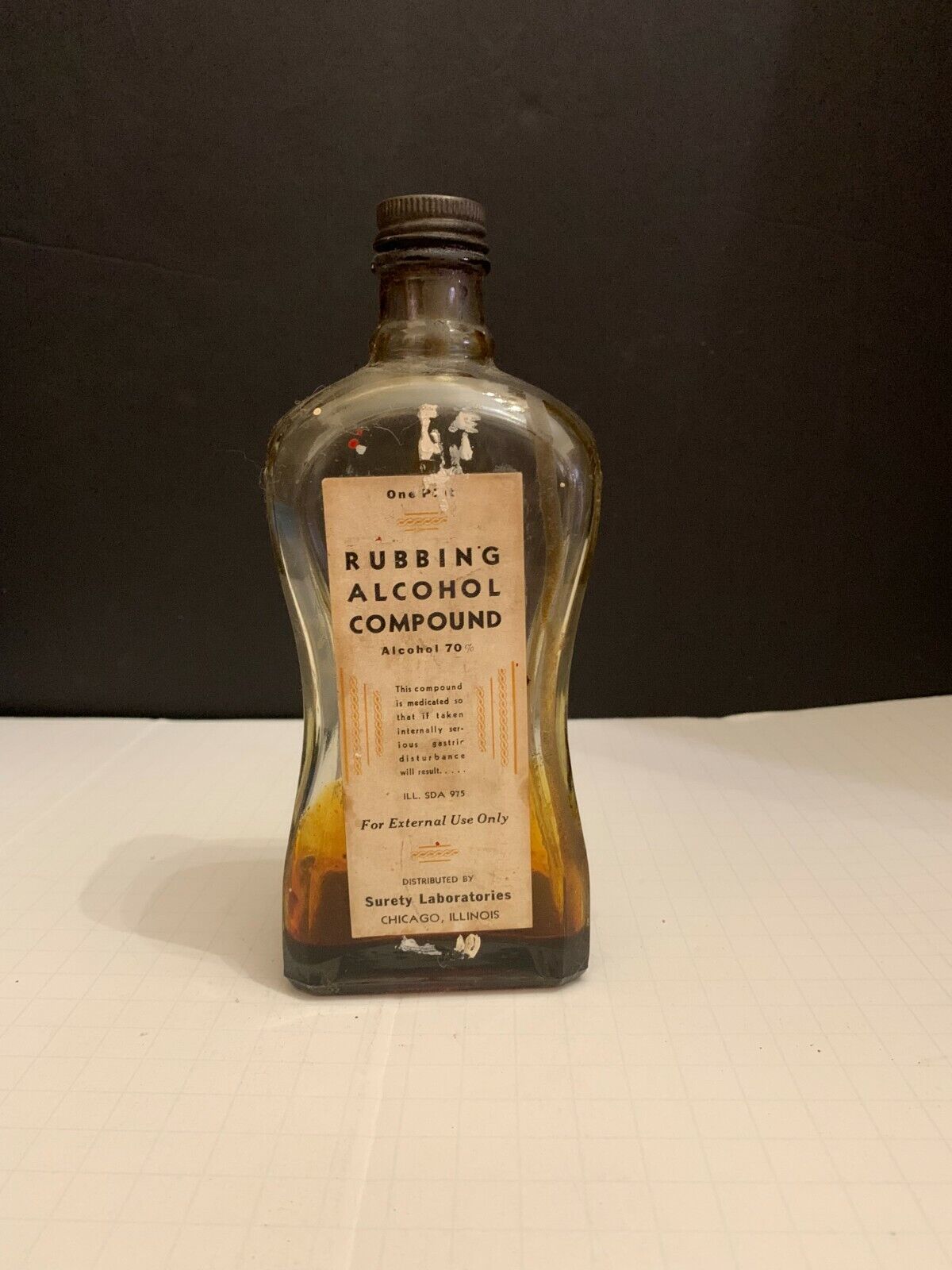 Vintage Surety Laboratories Rubbing Alcohol Compound Bottle With Cap