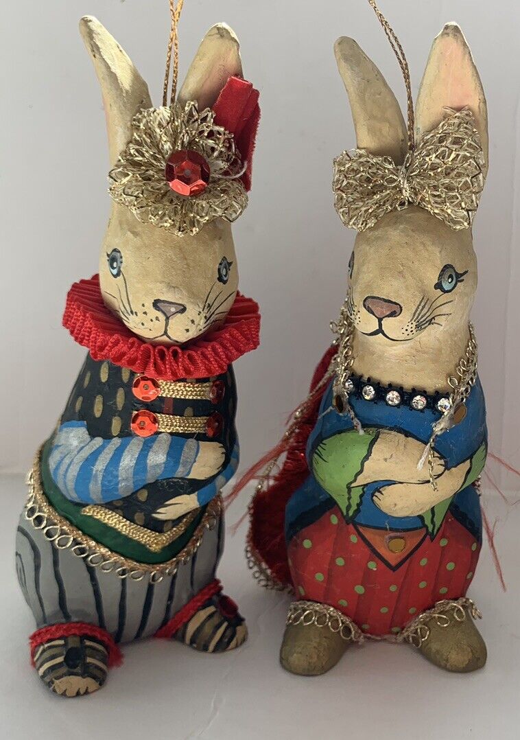 Set Of (2) Vintage Papier-mâché Rabbits Bunny 6” Christmas Easter Ornaments