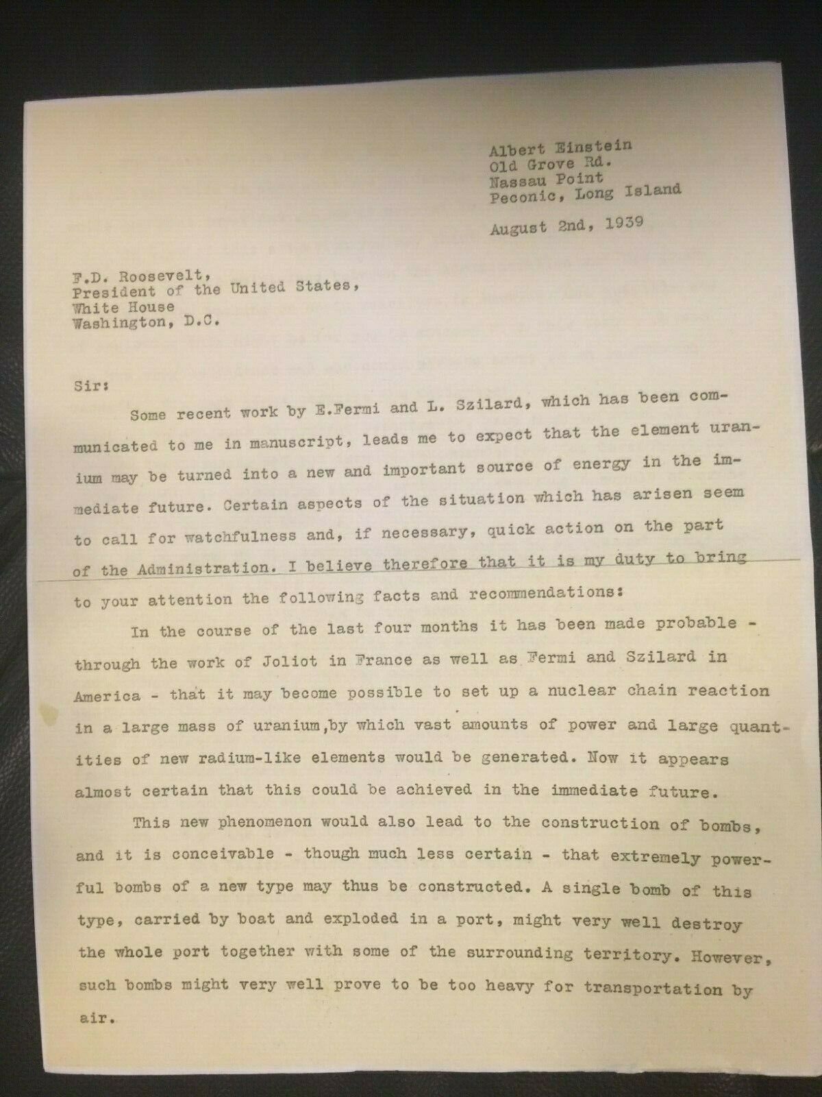 Albert Einstein - Letter to Pres. Roosevelt - COPY