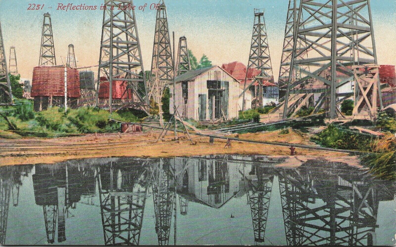 Oil Rig Reflections In A Lake Of Oil 1910s Industrial Pollution Postcard