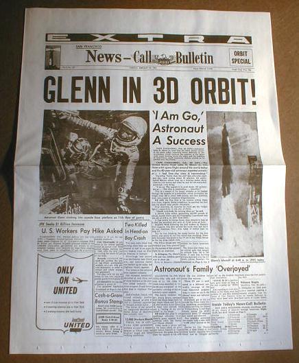 1962 newspaper reprint JOHN GLENN 1st American Space Astronaut to ORBIT EARTH