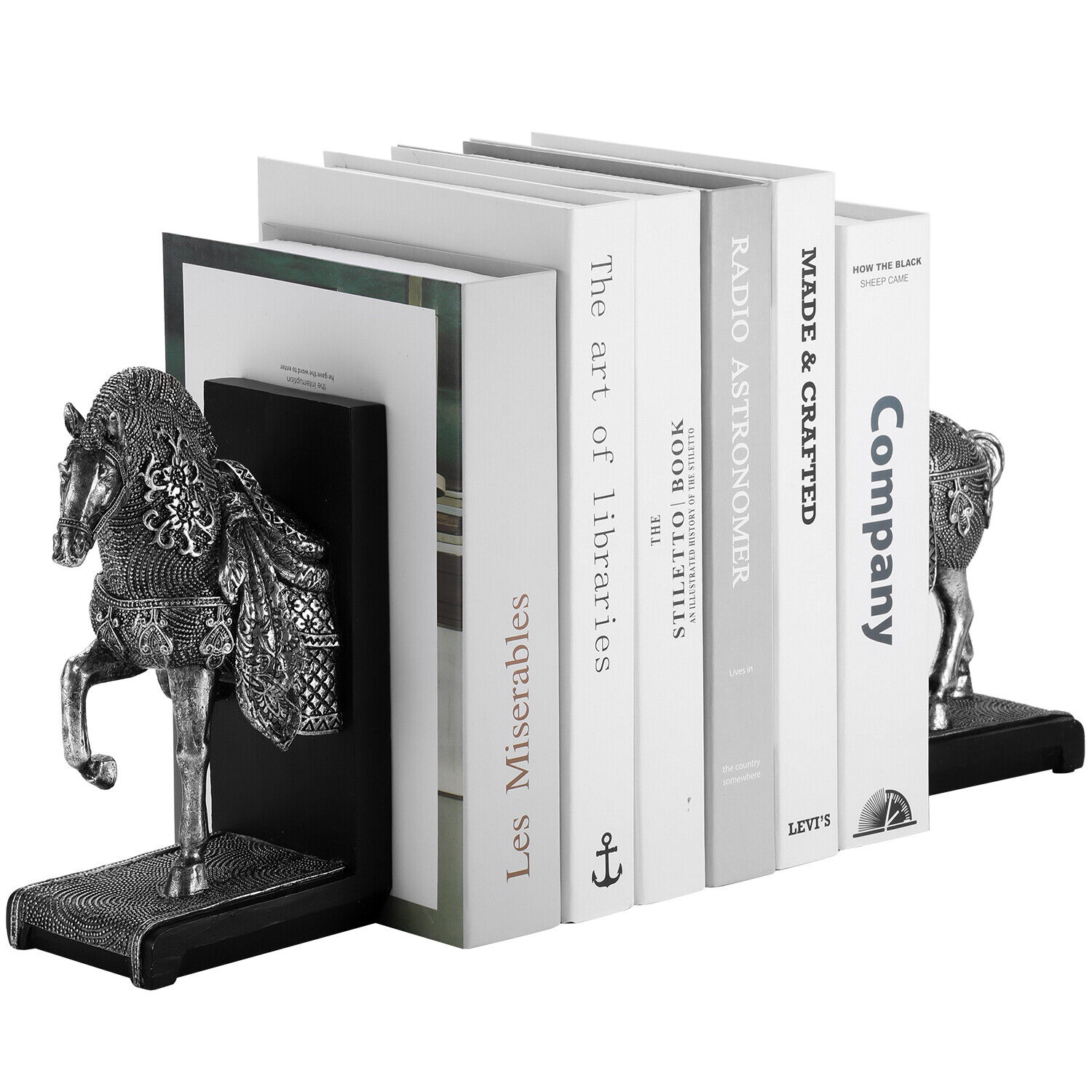 1 Pair Decorative Bookends in Silver Resin Sculptural Cavalry War Horse