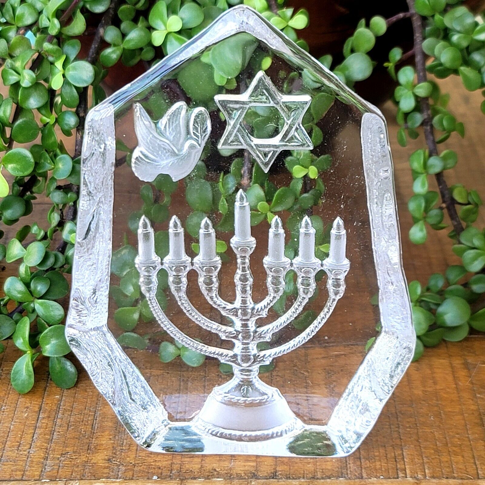 Judaica Jewish  Menorah Star Of David Dove Sweden Glass Paperweight Shelf Decor