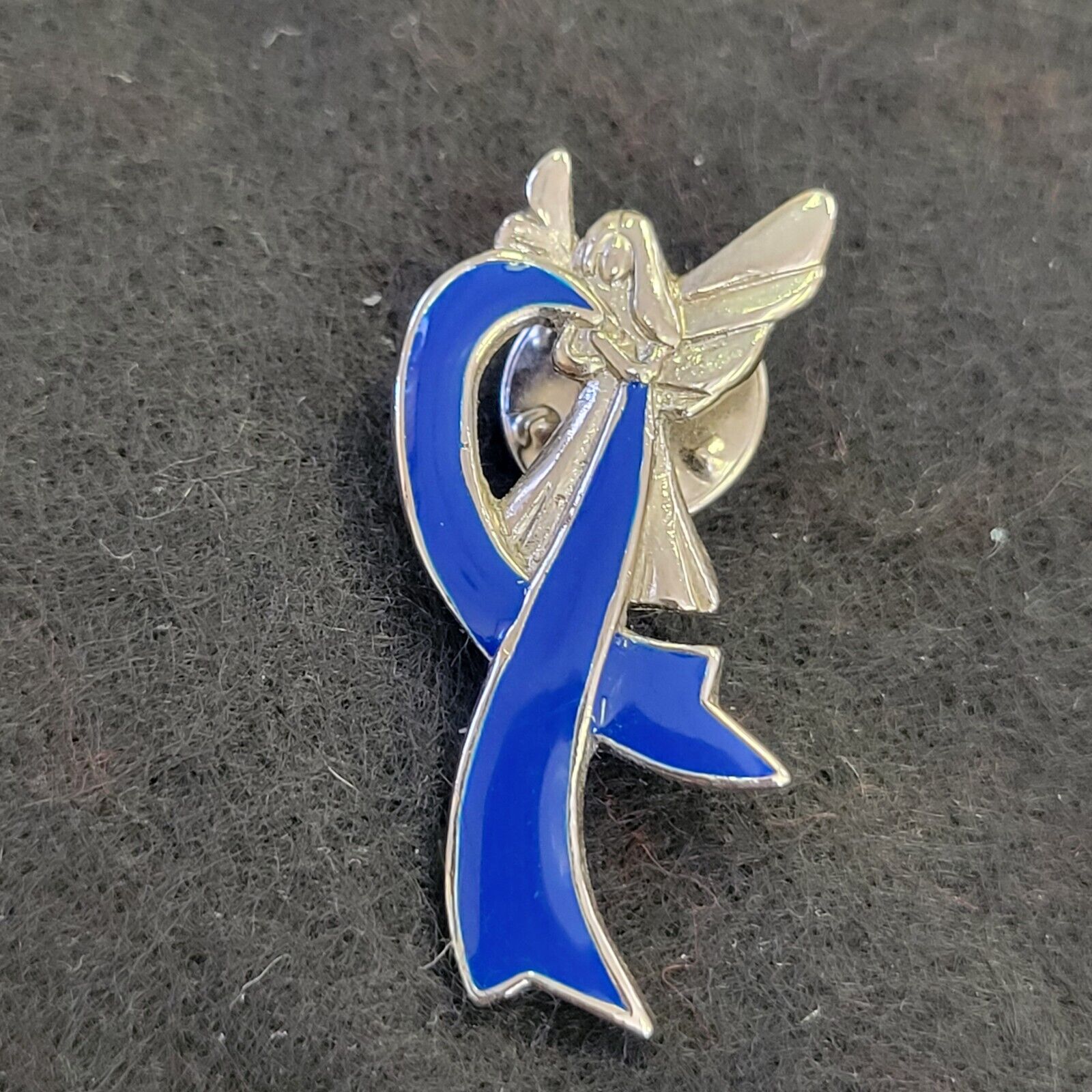 Guardian Angel Holds Dark Blue Ribbon Colon Cancer Support Lapel Badge Vest Pin