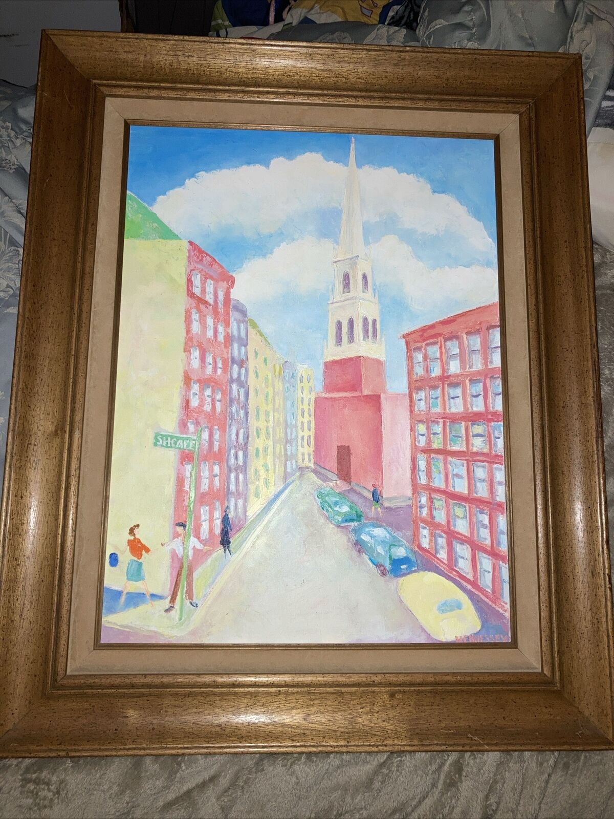 Vintage Boston Street Scene Old North Church Oil On Canvas Painting Signed 31x25
