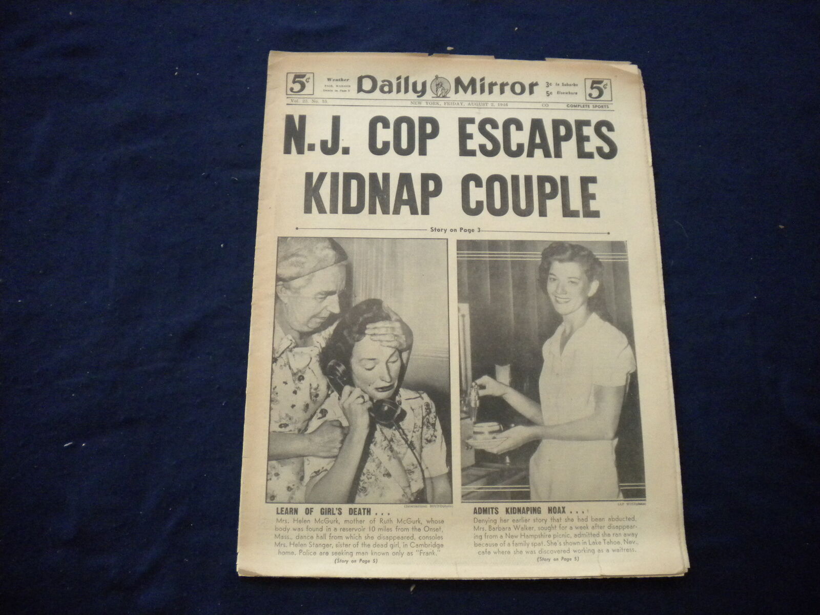 1946 AUG 2 NEW YORK DAILY MIRROR NEWSPAPER - N.J. COP ESCAPES KIDNAP - NP 5995