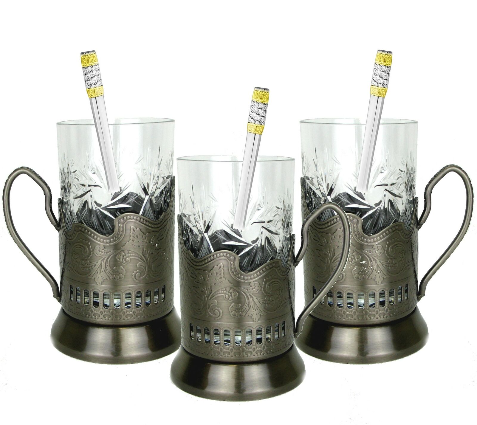 9-pc Set Russian Tea Glass Holders Podstakannik & Cut Crystal Glasses & Spoons