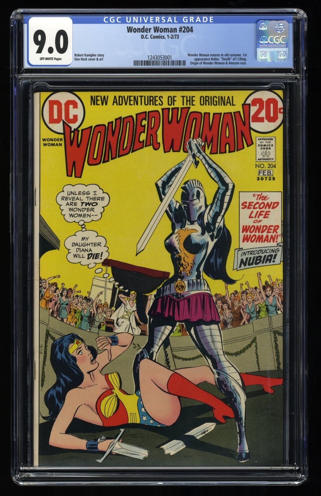 Wonder Woman #204 CGC VF/NM 9.0 1st Appearance Nubia Origin of WW and Amazons