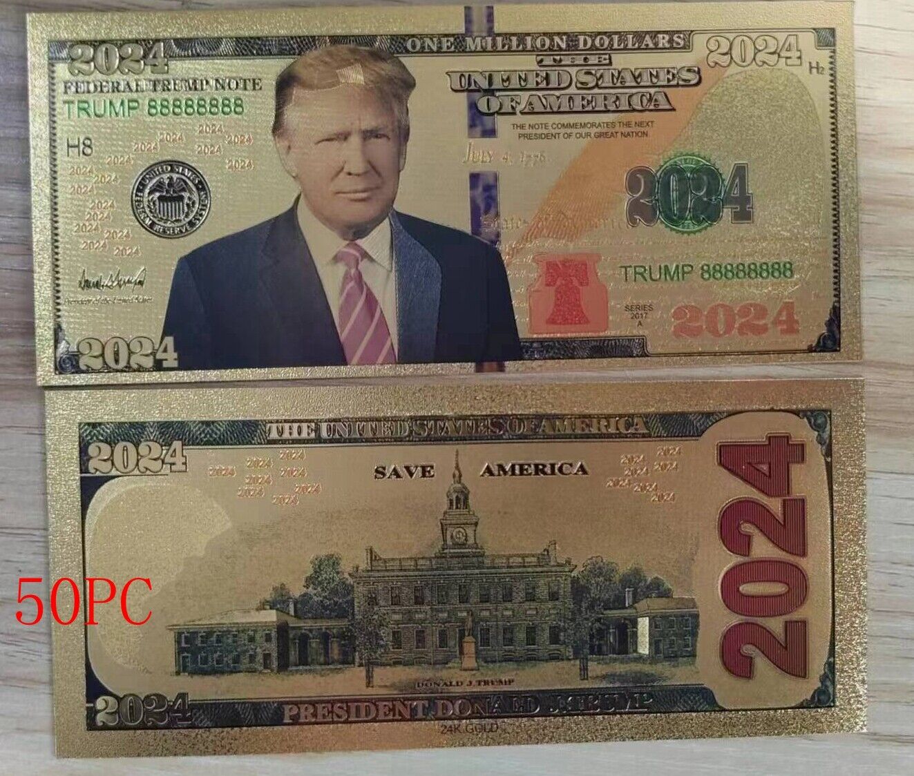 50PCS 2024 President Donald Trump Colorized $100 Dollar Bill Gold Foil Banknote