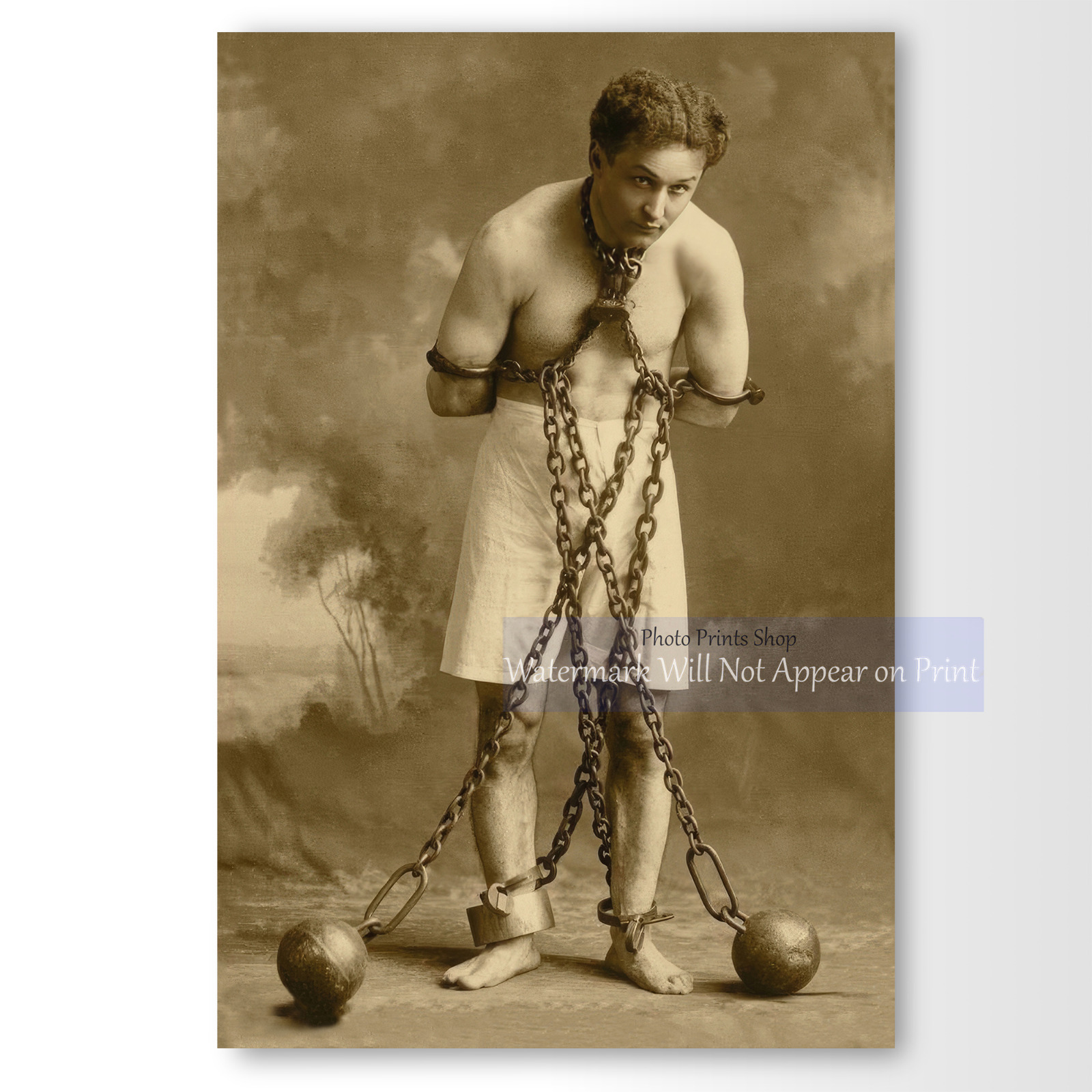 Famous Escape Artist Magician Harry Houdini In Chains Vintage Photo Print