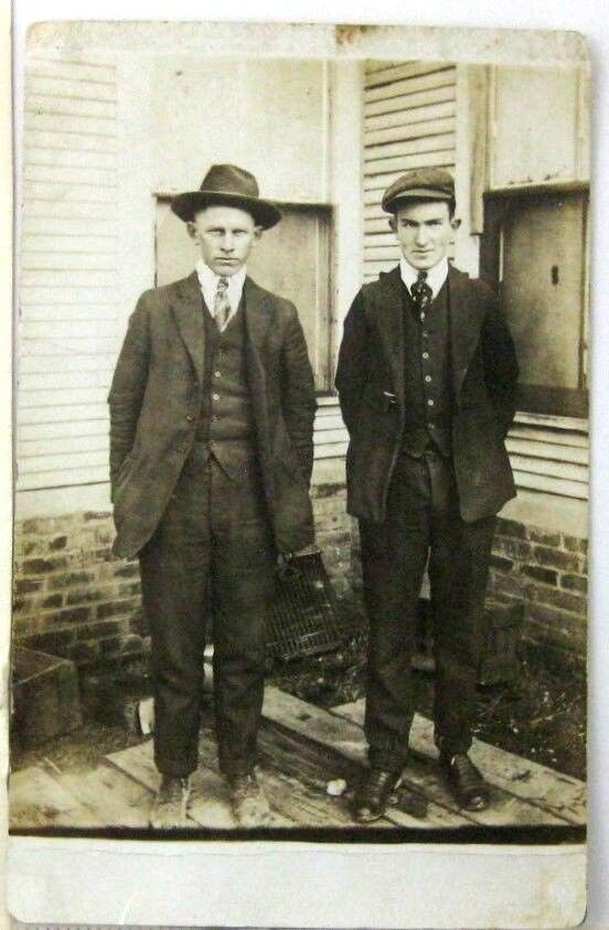 1920s RPPC Gangster Pose Postcard Stern Men Tough Guys Suits Fedora Depression