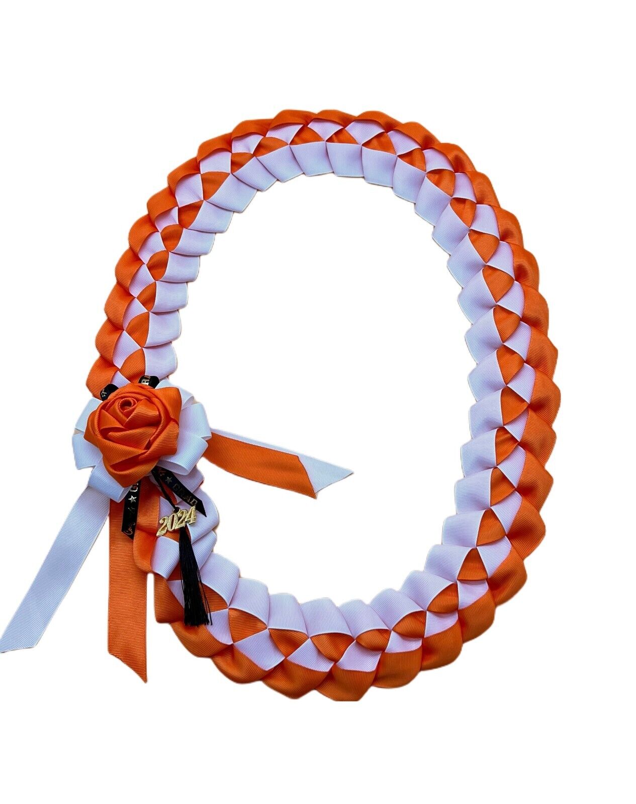 Grosgrain Ribbon Graduation Leis ，Orange & White School Colors 