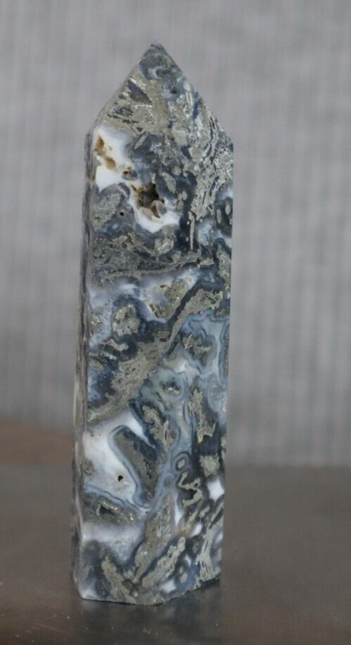 PYRITE IN AGATE POINT 3.59 INCHES TALL/ 115.1 GRAMS