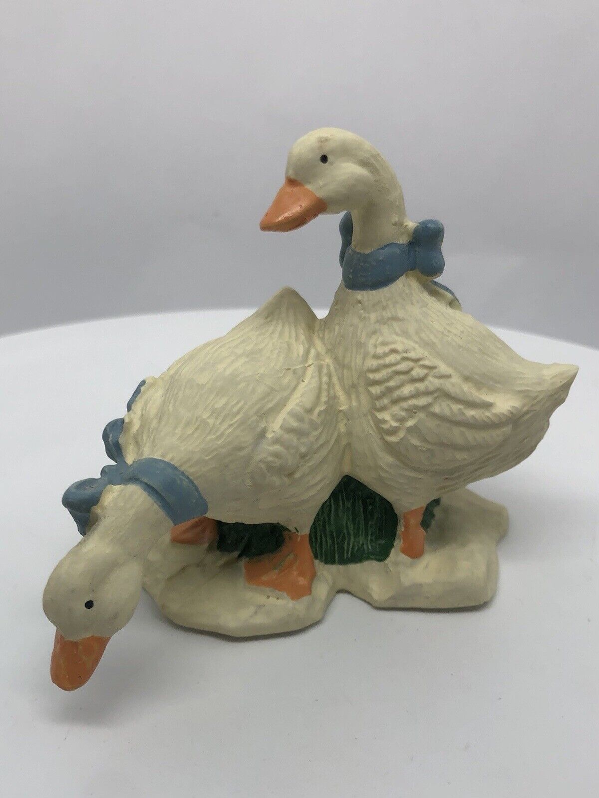 Vintage Resin White Geese Spring Easter Holiday Figurine Taiwan Blue Ribbons