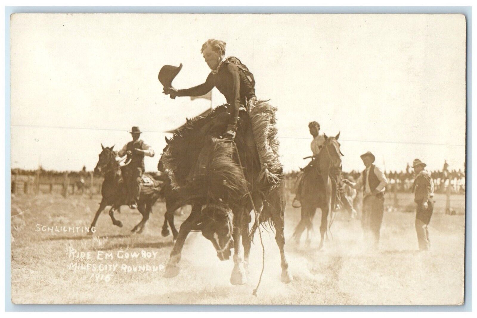 1916 Schlighting Ride Em Cowboy Miles City Round Up Rodeo MT RPPC Photo Postcard