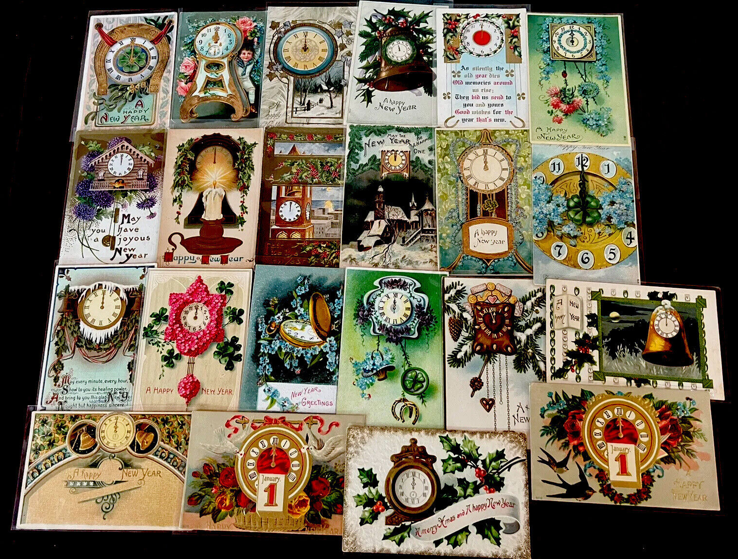 Lot of 22 Clocks Antique New Year Early 1900's Embossed Postcards~d892