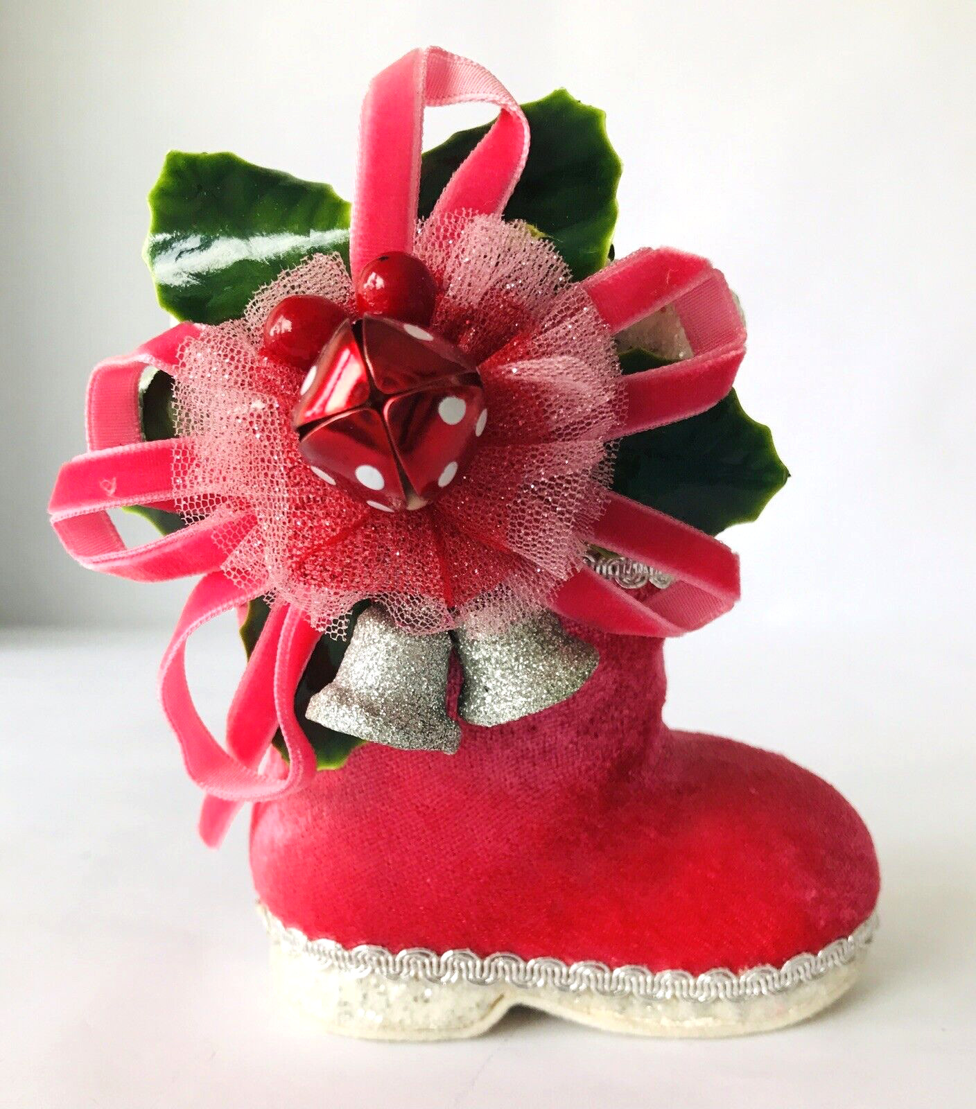 Katherine\'s Collection Pink Velvet Christmas Boot Shoe w/ Decorative Spray 4.5\