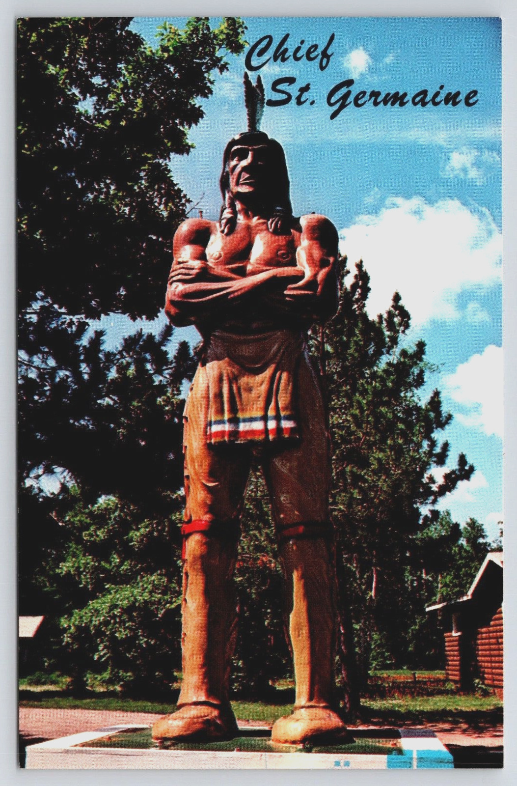 Indian Chief St Germaine Statue Vilas County Wisconsin WI Vtg Postcard C11