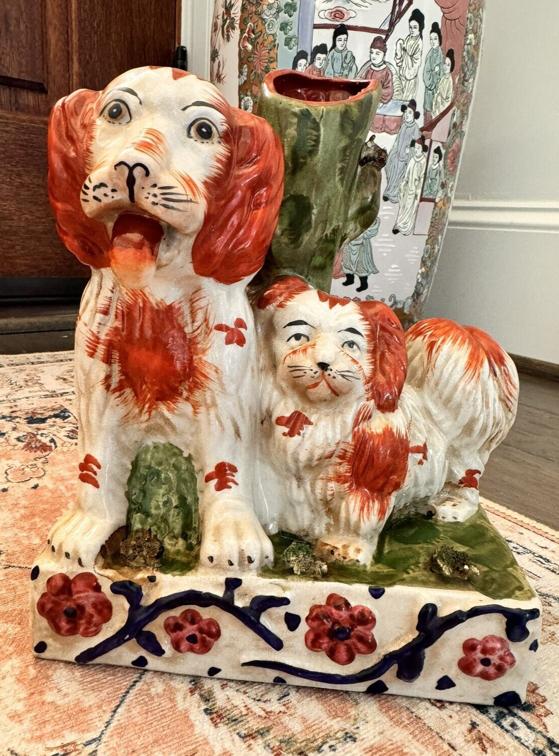 Staffordshire Double Spaniel Terrier Dog Spill Vase Vintage Porcelain Sculpture 