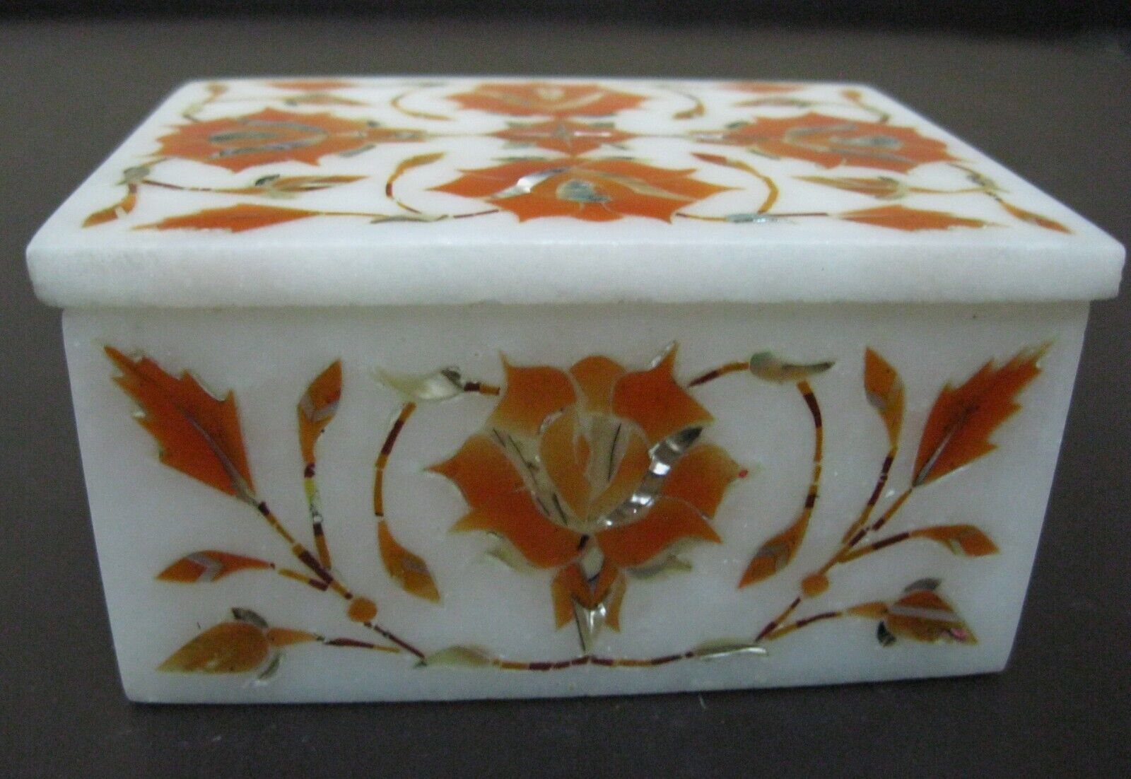 4 x 3 Inches Marble Cosmetic Box Inlaid with Carnelian Stone from Vintage Crafts