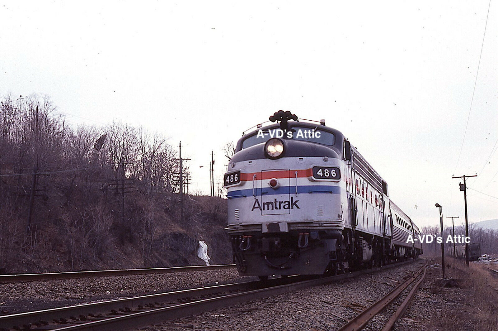 Orig slide Amtrak AMT EMD FL9 486 Adirondack train 69 VINTAGE Beacon NY BIN 1982