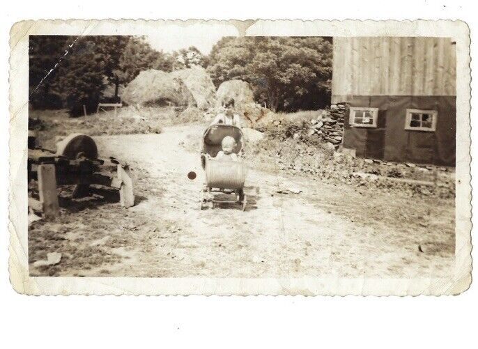 c1910 Young Cute Farm Boy Pushing Little Baby Brother Stroller Snapshot Photo