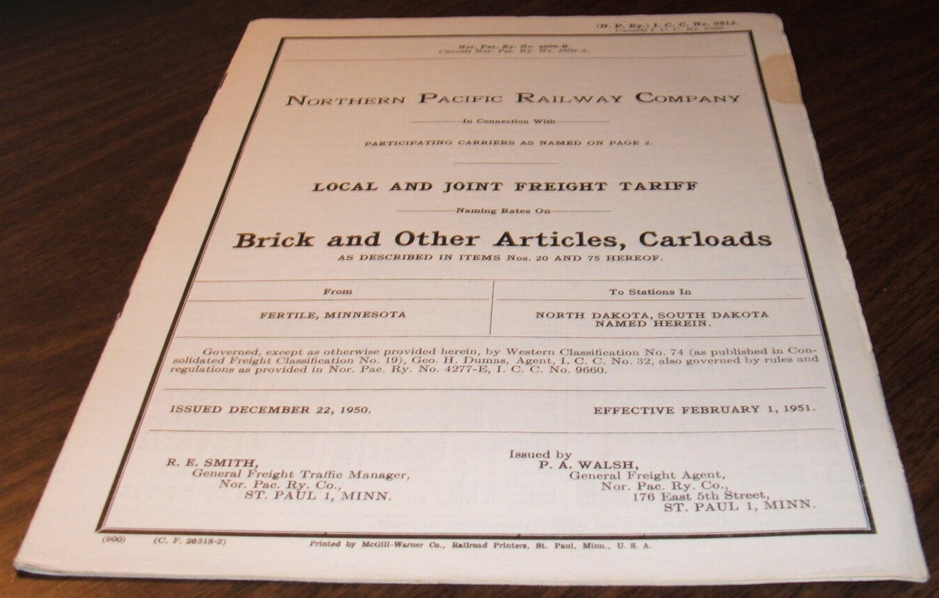 FEBRUARY 1951 NORTHERN PACIFIC  RAILWAY FREIGHT TARIFF FOR BRICK
