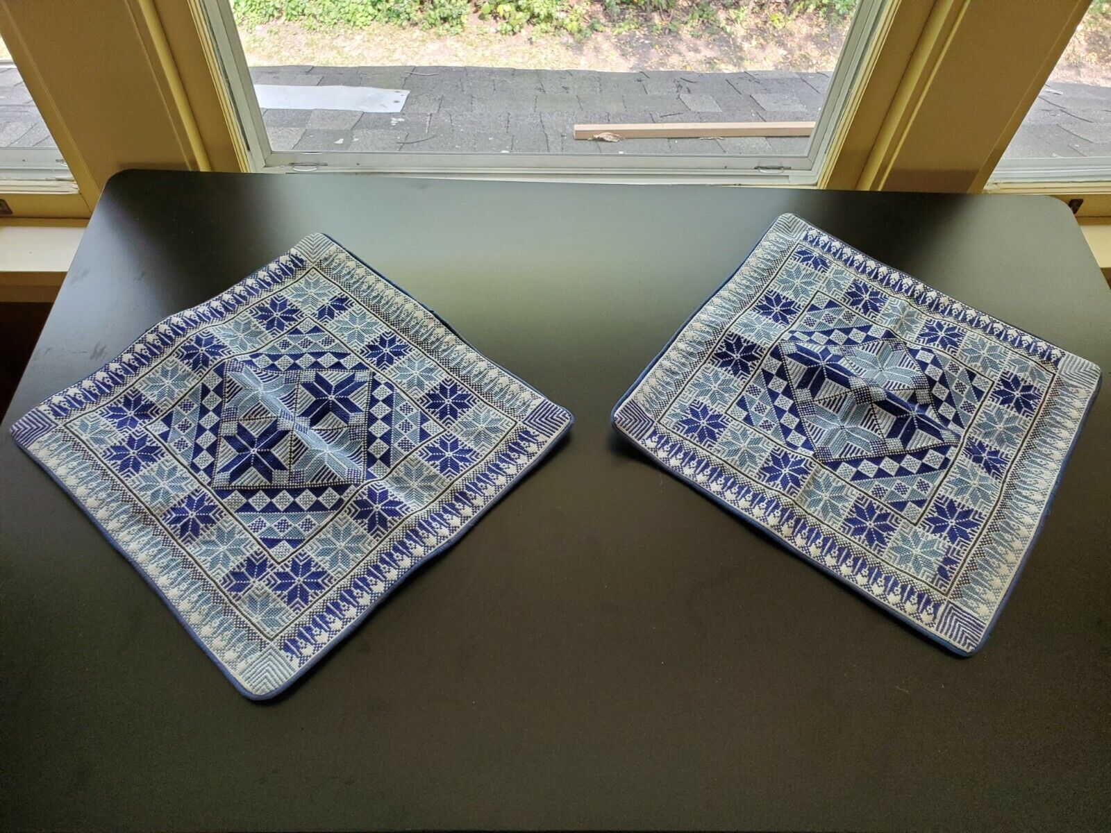 2 Pillow Cases with Intricate Design New Blue and White Colors in Diamond Shape