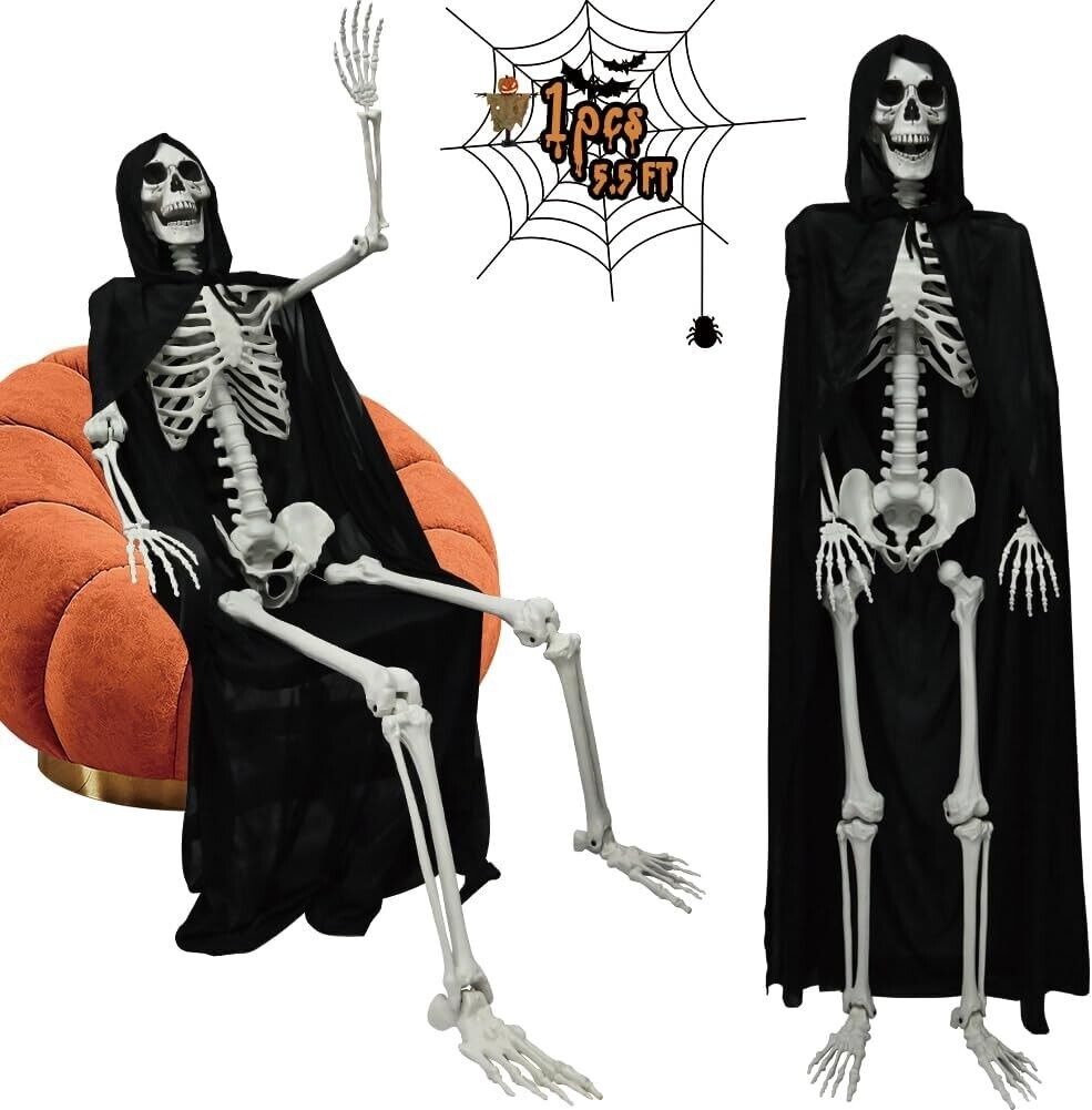 5.4Ft/165Cm Halloween Skeleton, Poseable Full Size Skeleton with Black Cloak