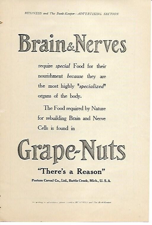 Grape Nuts Nature Requires for Rebuilding Brain and Nerve Cells 1910 Vintage Ad 