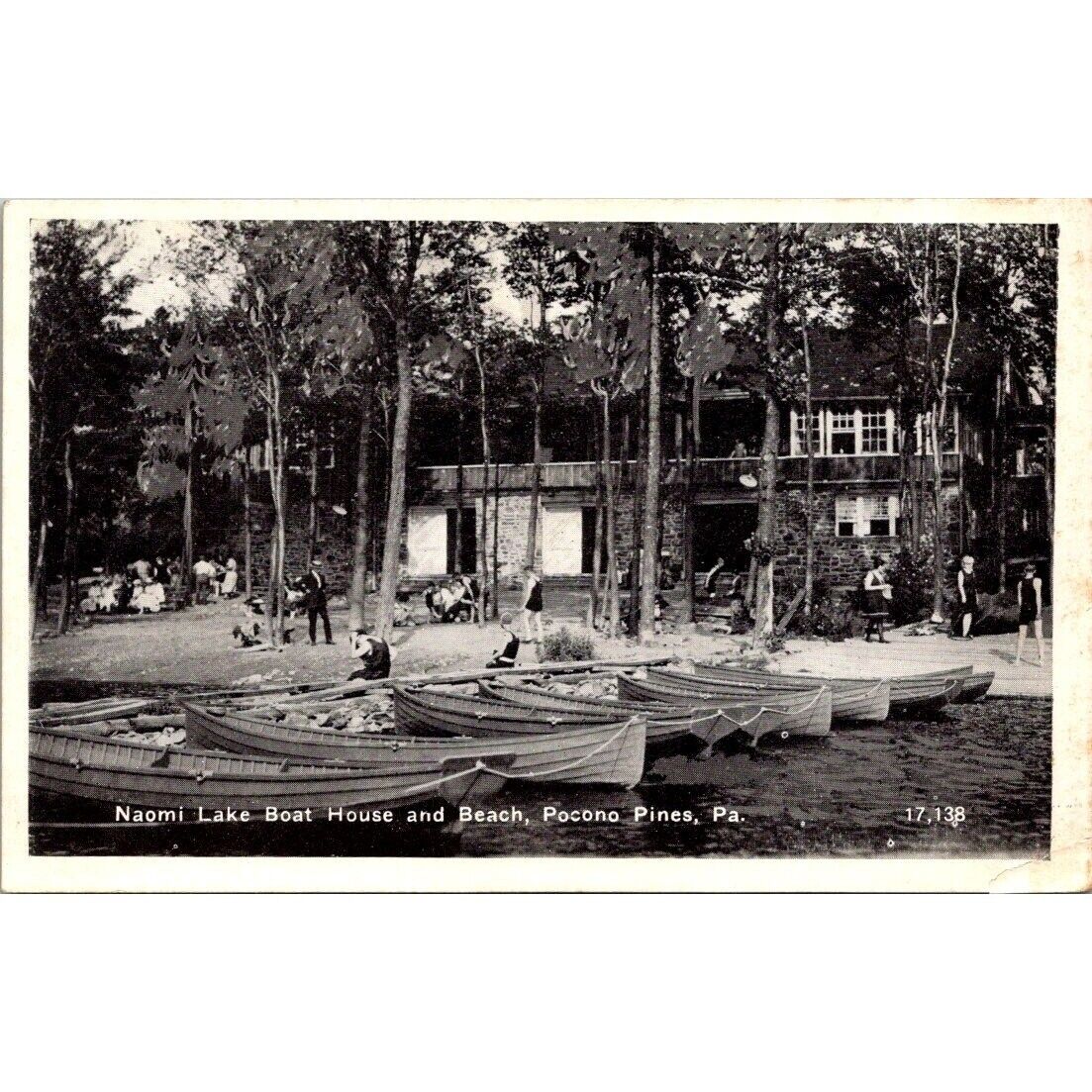 Vintage Pennsylvania RPPC Postcard, Pocono Pines Naomi Lake Boat House and Beach