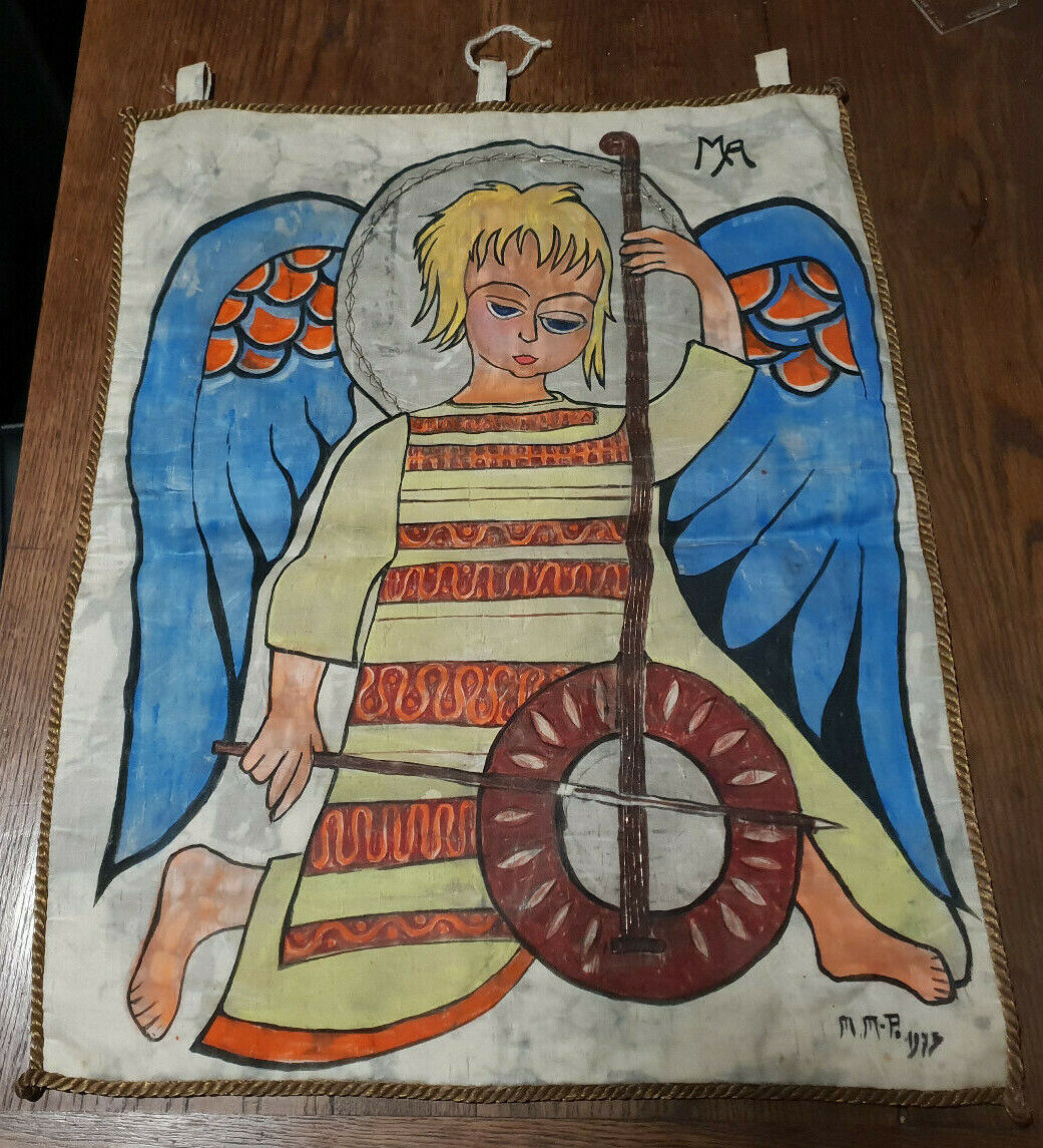 Large Banner One Angel Musician Ma Signed M. M.P 1973 Religion? With Identify