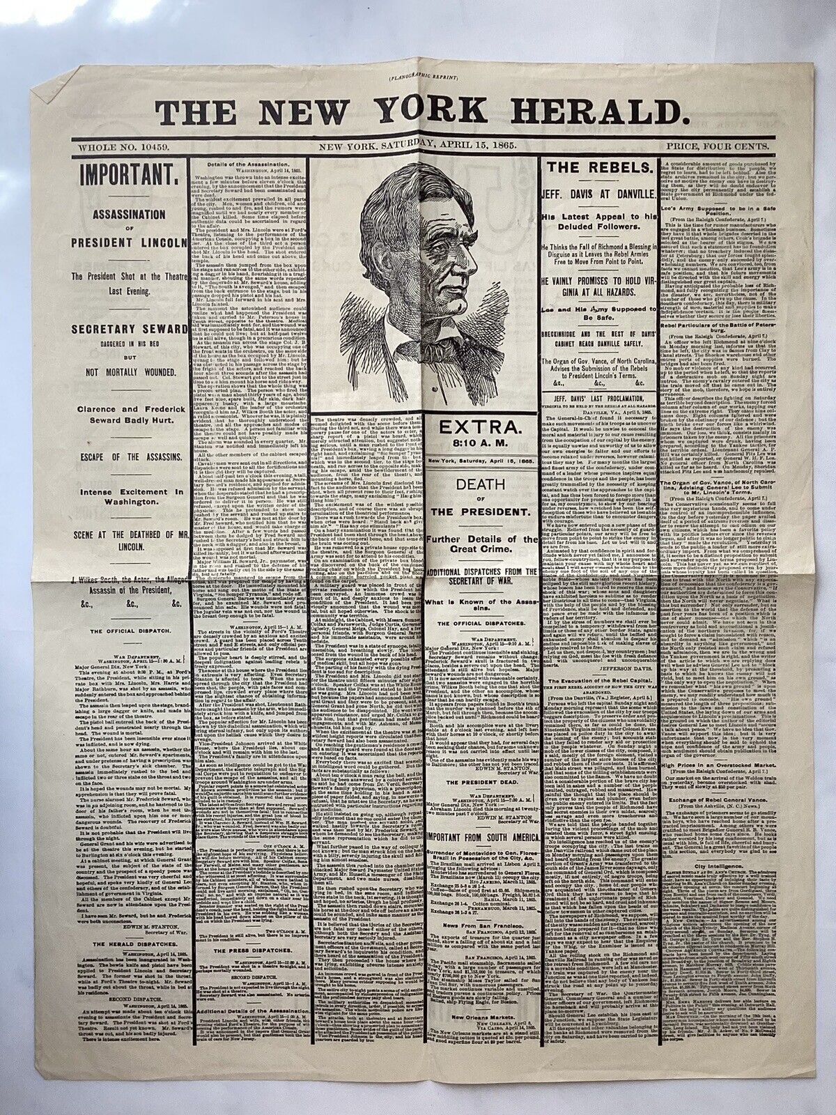 Antique Planographic Reprint, New York Herald April, 15, 1865, Abraham Lincoln