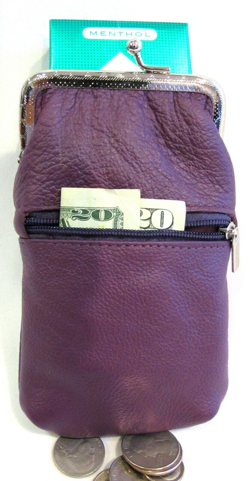 Women 100% Leather Cigarette Case Lighter Match Pocket Zipper Coin Pouch- PURPLE