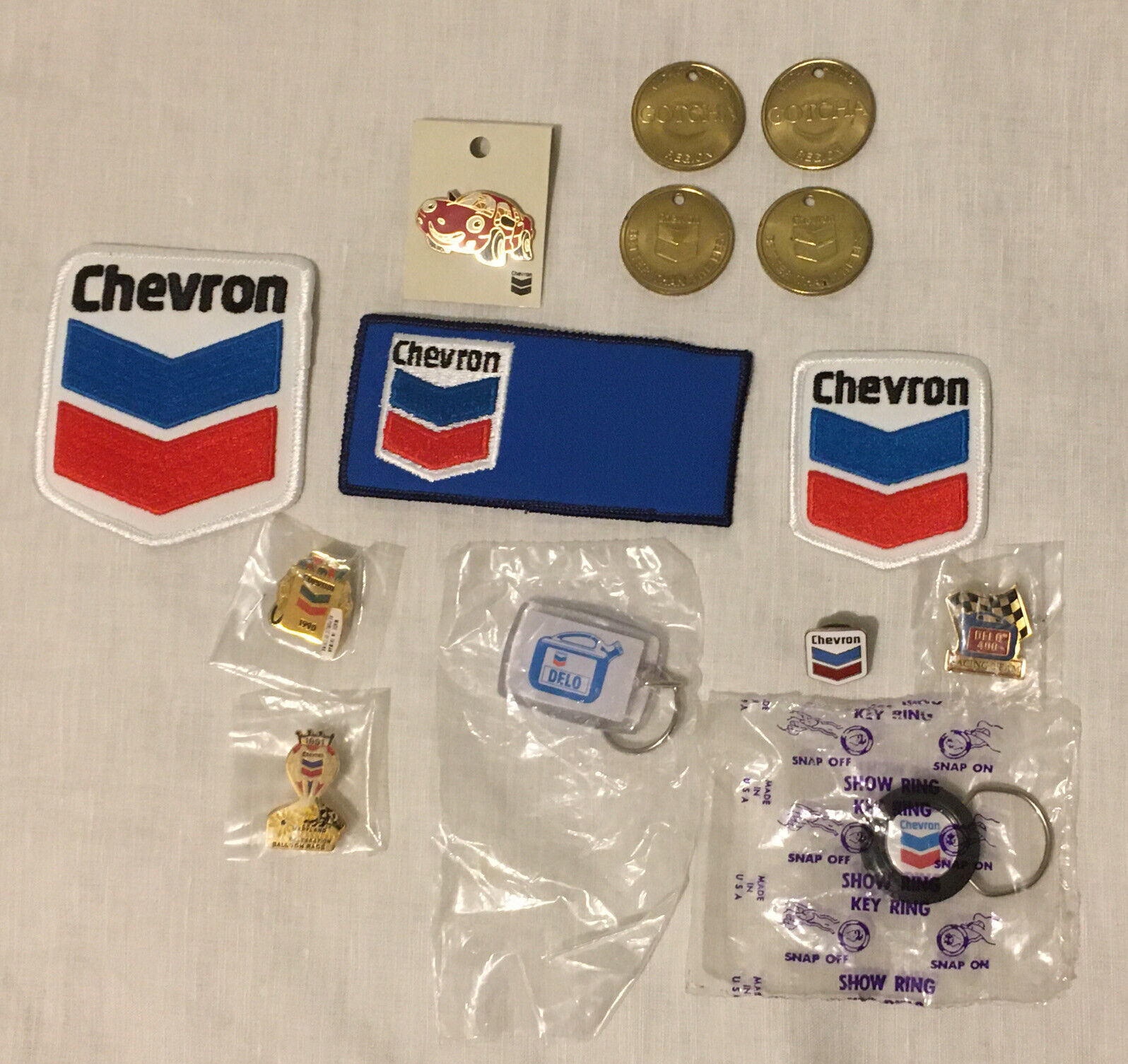 Rare Vintage Lot 14 Chevron Gasoline Oil Patches Pins Keychains Tokens/Pendants