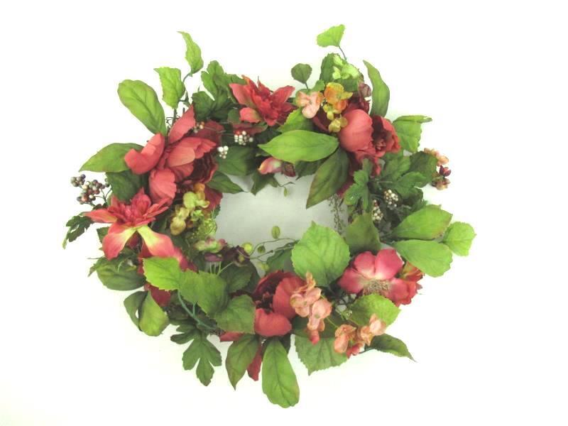 Red Pink Artificial Flower Floral Wreath Leaves Greenery Sticks Berries Twigs