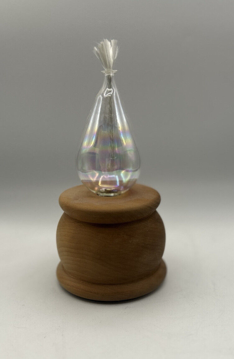Vintage Wood Base Oil Lamp Iridescent Glass Top 7”