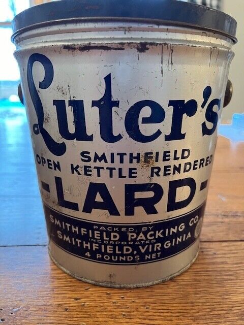Vintage Advertising Luter\'s Smithfield Pure Lard tin can w/ lids  4lbs  1950\'s