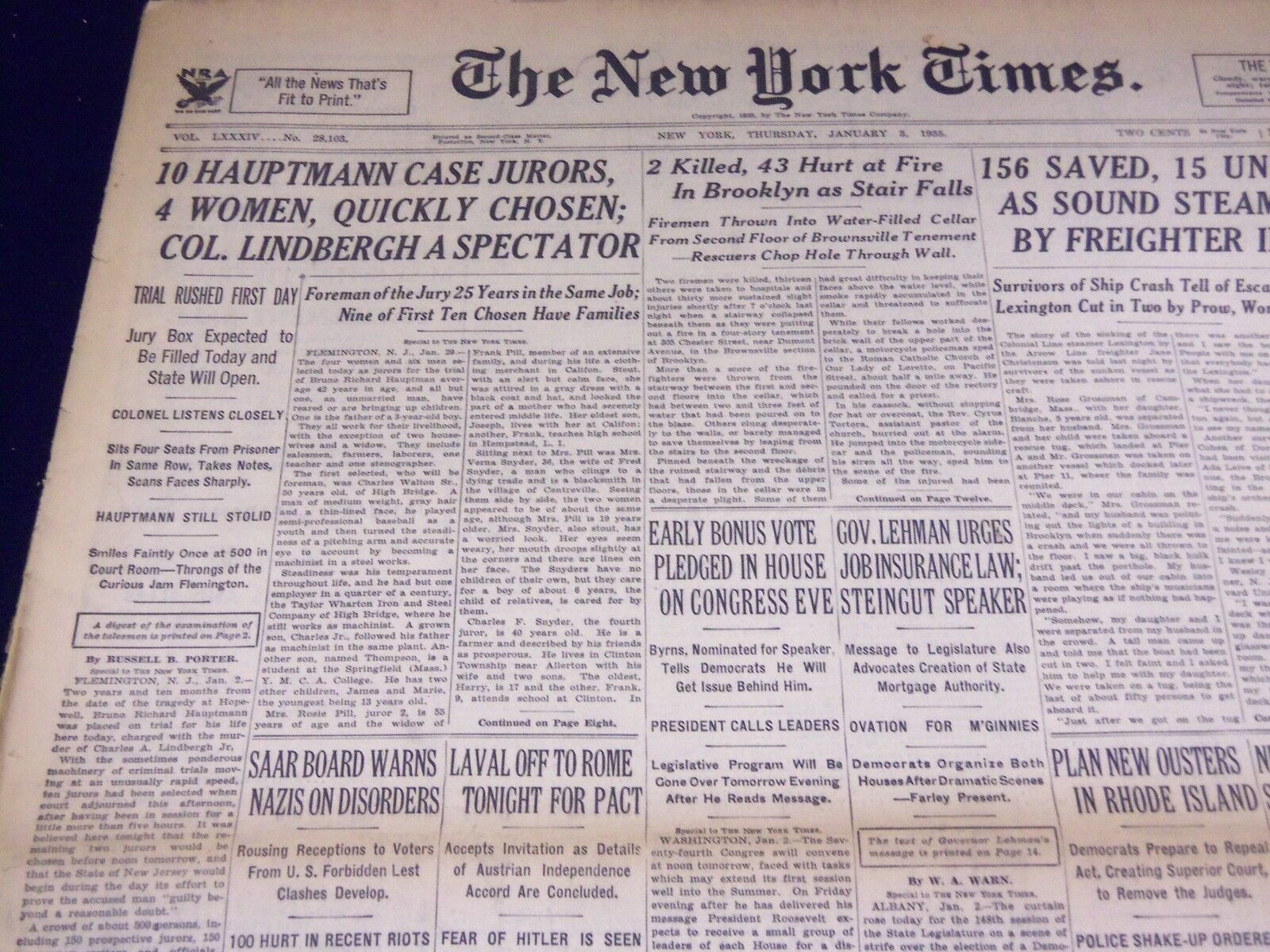 1935 JAN 3 NEW YORK TIMES 10 HAUPTMANN JURORS, 4 WOMEN, QUICKLY CHOSEN - NT 1942
