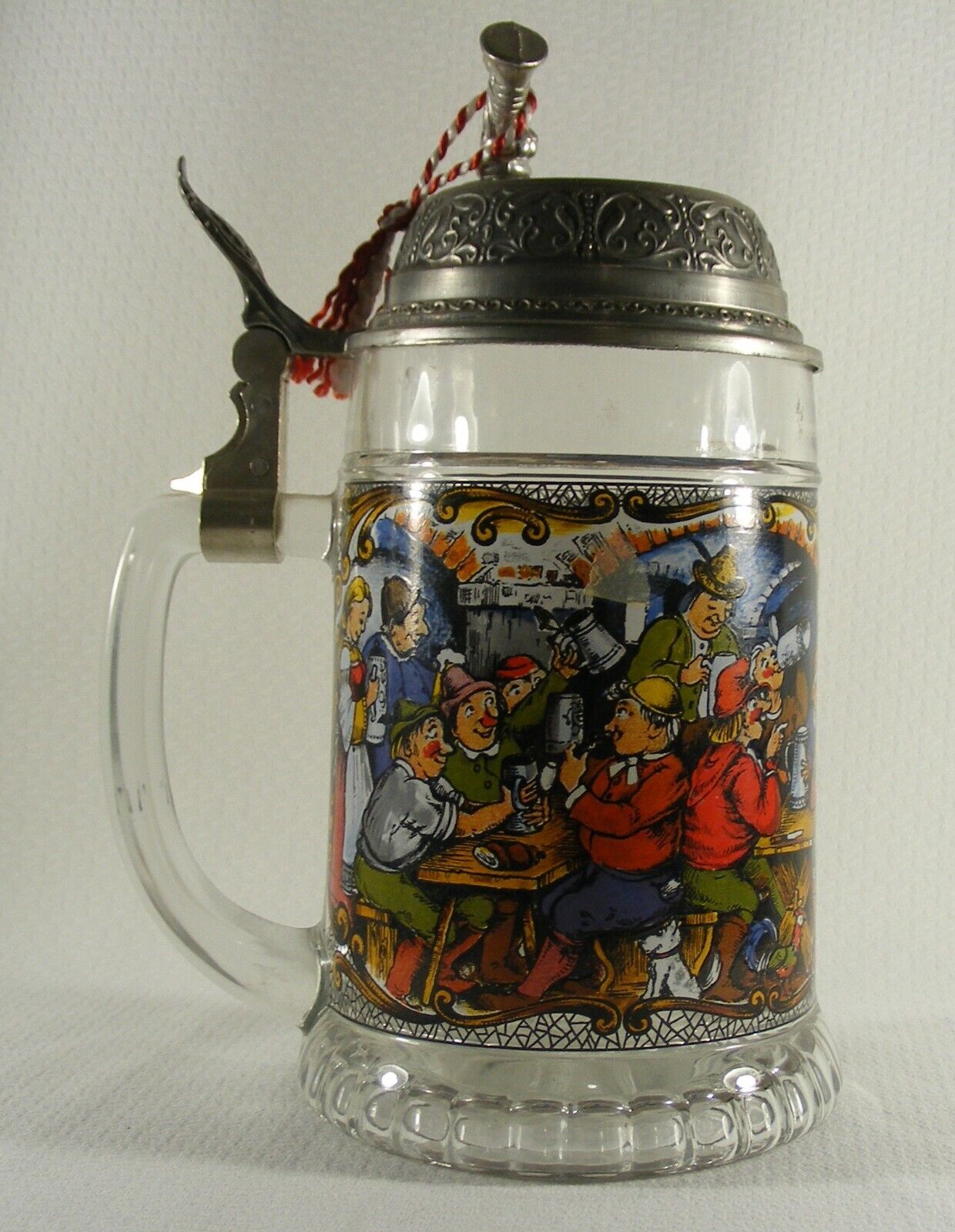 1970s Vintage German Glass Lidded Beer Stein with Music Box Pewter/Tin Lid  24oz