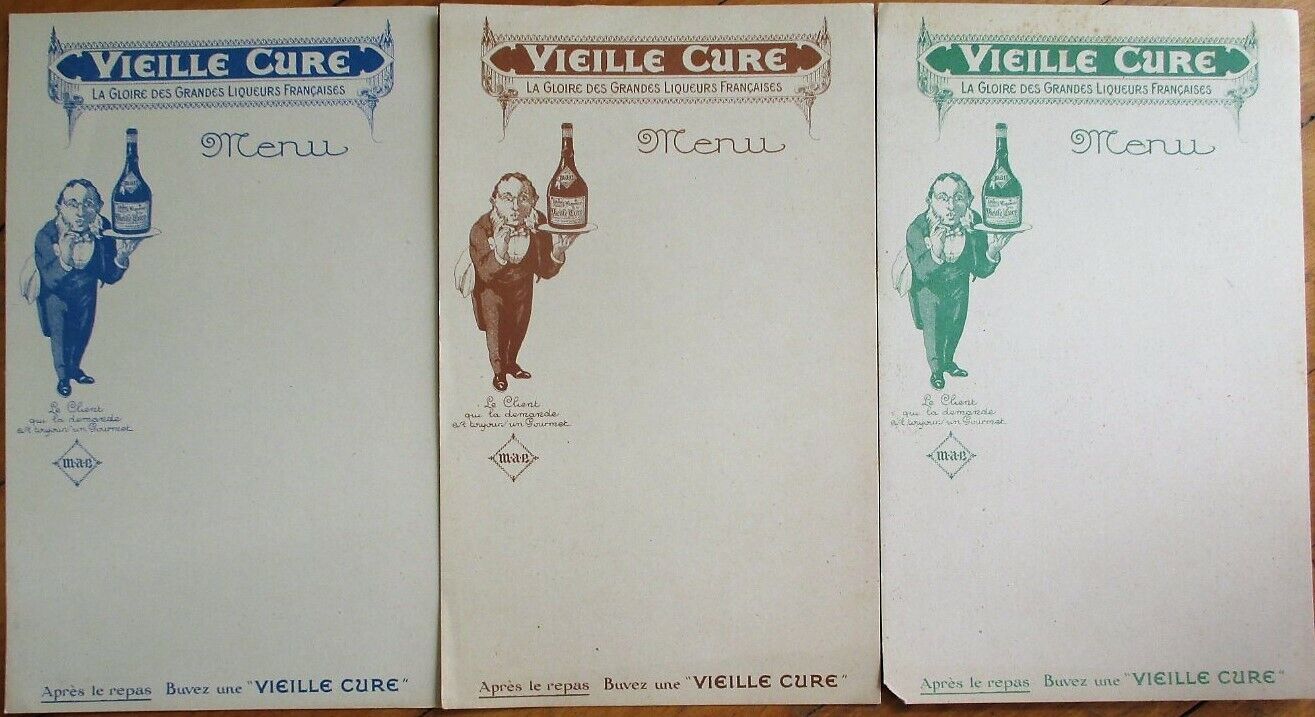 French 1920 Liqueur Advertising Menu: 'Vielle Cure' - Waiter & Bottle